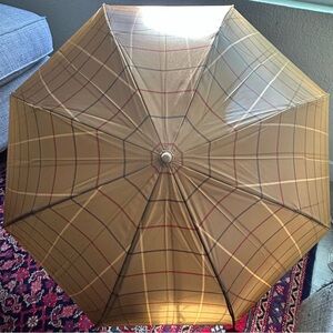 Vintage Burberry Plaid Folding Umbrella w/ Wood Handle and Cover, Authentic